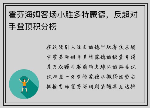 霍芬海姆客场小胜多特蒙德，反超对手登顶积分榜